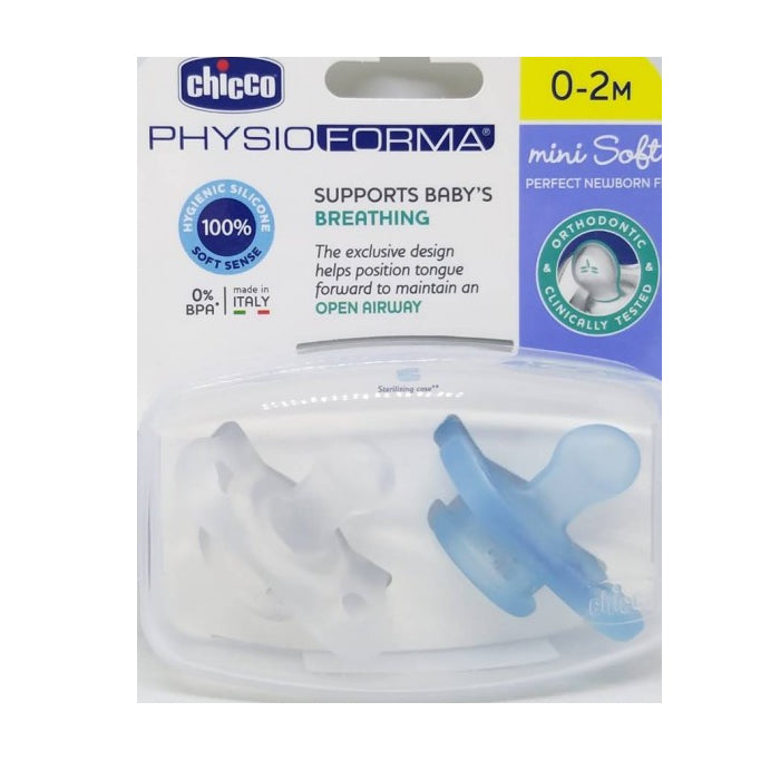 Chicco PhysioForma Mini Soft Blue Silicone Soother 0-2 Months - Pack of 2