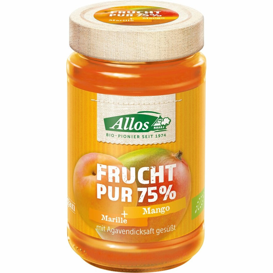 Allos fruit pure 75% fruit spread apathetic manner is the perfect spread for fruit fans who like it exotic, fruity. The particularly balanced, delicious recipe of pure fruit 75% apricot-Mango convinces with a fruit content of 75 percent.