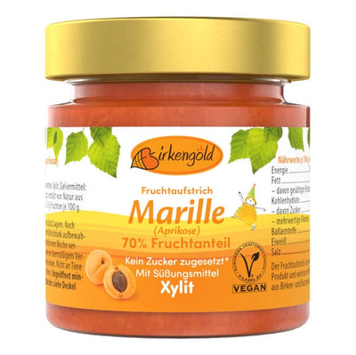 Our fruit spread marille consists of 70 % selected organic fruits. Only Birkengold® Xylitol is used for sweetness. A little apple pectin ensures the perfect consistency. Enjoyment tip: Our Birkengold® Marille fruit spread is sweetened exclusively with Birkengold® Xylit. It naturally contains sugar from the apricots, but no sugar is added. Birkengold® Xylitol and fruits complement each other wonderful, enjoy the delicious fruit taste.